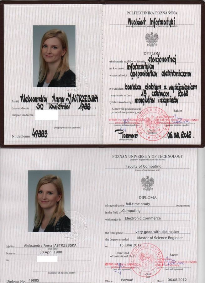 Dyplom magistra inżyniera informatyki Oli Gościniak, specjalność gospodarka elektroniczna, Politechnika Poznańska