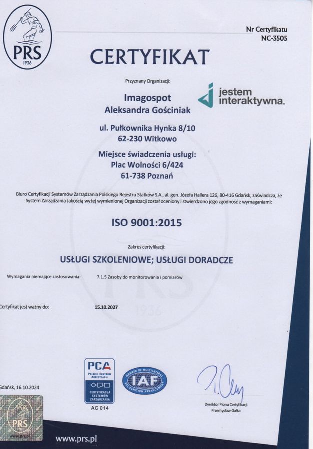 Certyfikat ISO 9001:2015 dla Jestem Interaktywna w zakresie usług szkoleniowych i doradczych