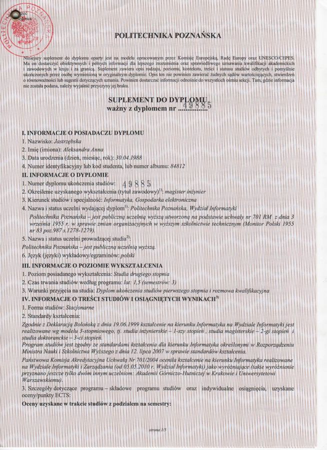 Dokument Politechniki Poznańskiej dotyczący programu studiów informatycznych Oli Gościniak