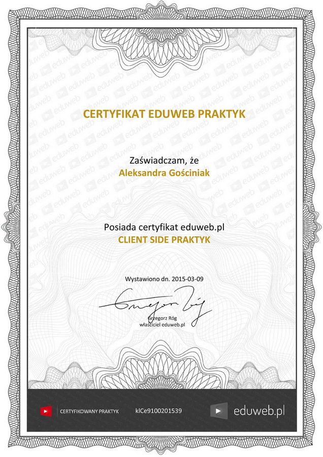 Certyfikat eduweb.pl „Client Side Praktyk” Oli Gościniak