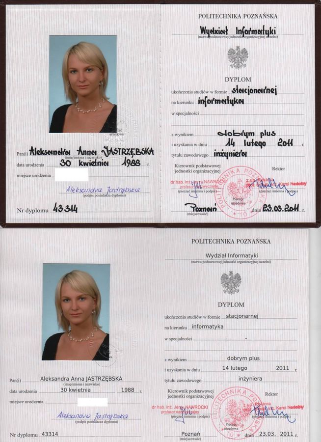 Dyplom inżyniera informatyki Oli Gościniak uzyskany na Politechnice Poznańskiej w 2011 roku