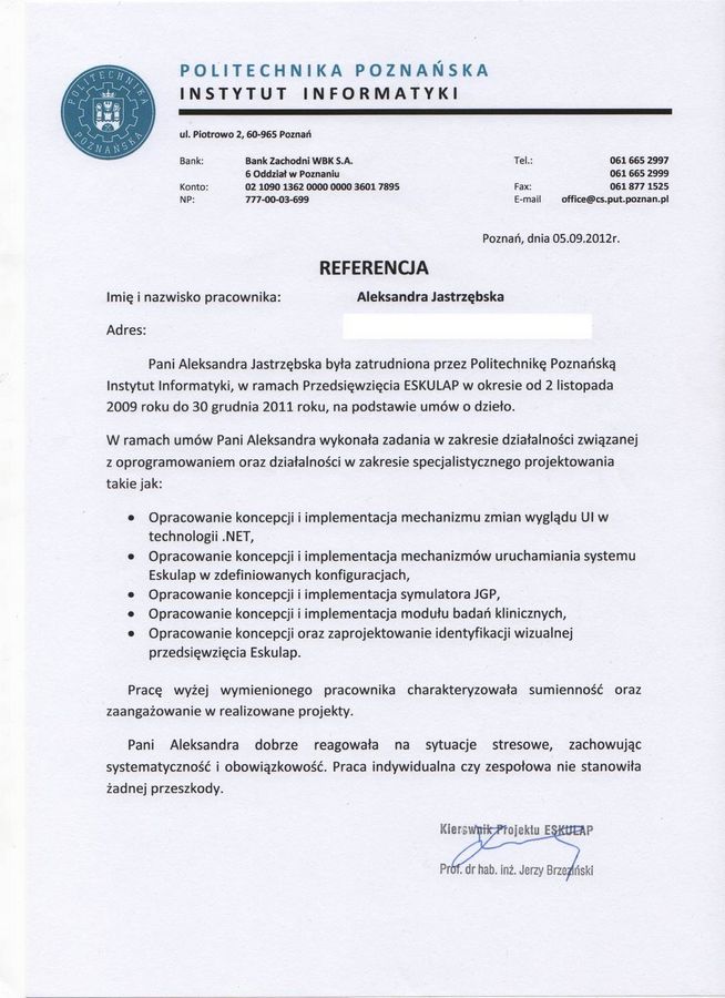 Referencje dla Aleksandry Gościniak od Instytutu Informatyki Politechniki Poznańskiej