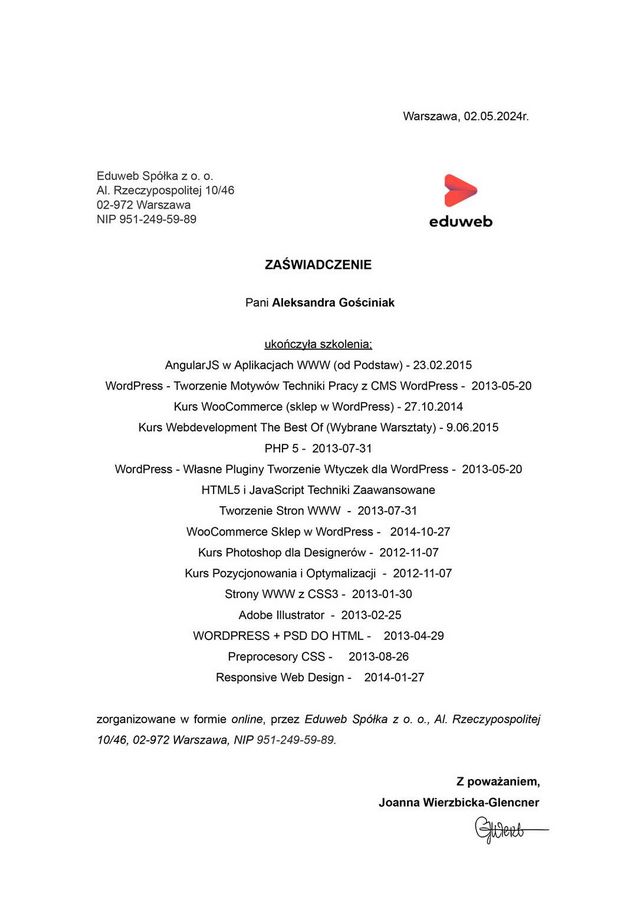 Zaświadczenie eduweb.pl potwierdzające ukończenie przez Olę Gościniak szkoleń z WordPressa, WooCommerce, programowania i grafiki