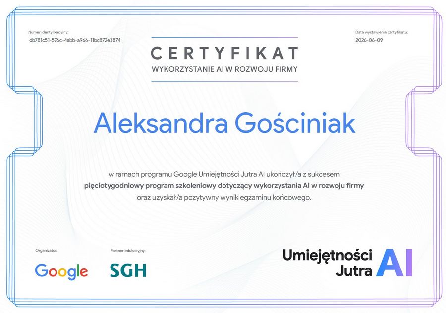 Certyfikat ukończenia programu Umiejętności Jutra AI od Google i SGH przez Olę Gościniak