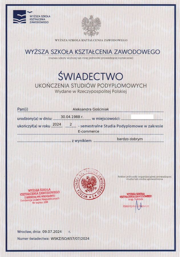 Świadectwo ukończenia przez Olę Gościniak studiów podyplomowych z e-commerce w 2024 roku