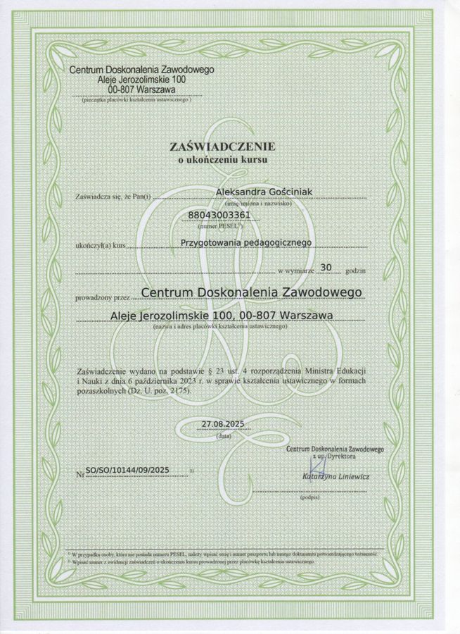 Zaświadczenie o ukończeniu kursu grafiki komputerowej przez Olę Gościniak