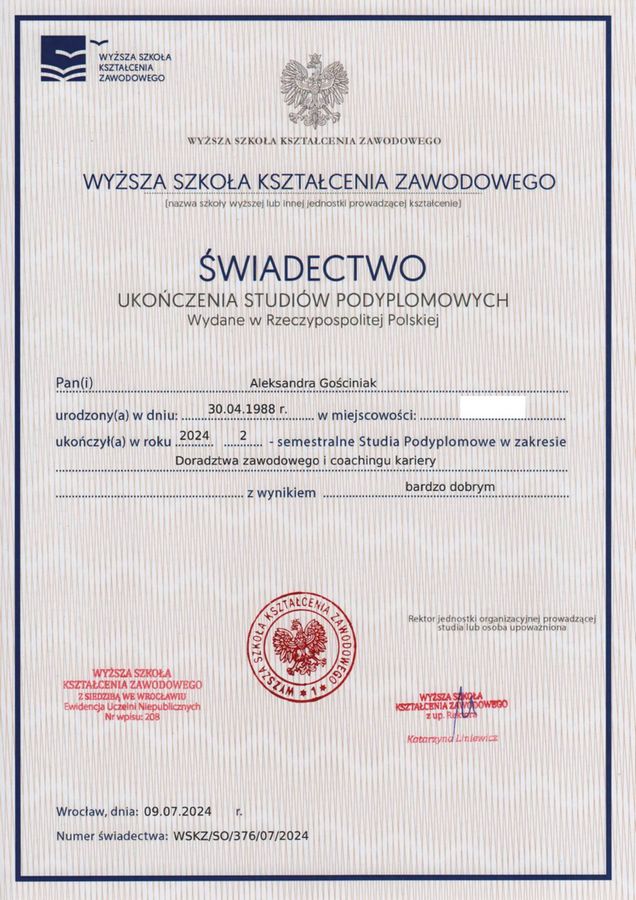 Świadectwo ukończenia przez Olę Gościniak studiów podyplomowych z doradztwa zawodowego i coachingu kariery w 2024 roku