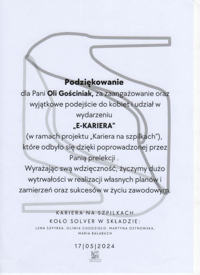 Podziękowanie dla Oli Gościniak za przeprowadzenie zajęć podczas wydarzenia „E-KARIERA” w projekcie „Kariera na szpilkach”