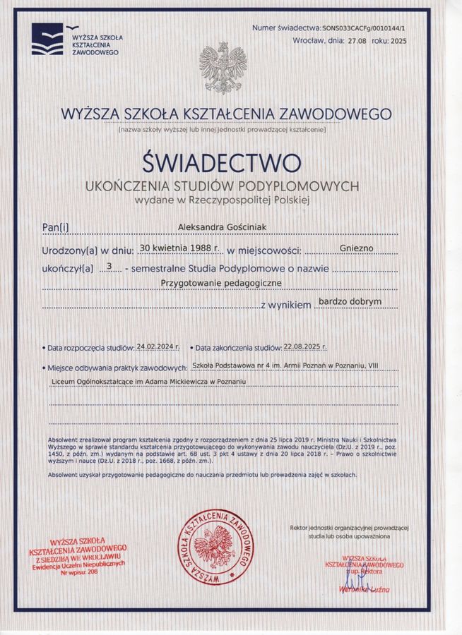 Świadectwo ukończenia studiów podyplomowych z przygotowania pedagogicznego w WSKZ przez Olę Gościniak