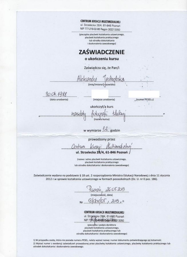 Zaświadczenie Aleksandry Jastrzębskiej o ukończeniu 12-godzinnych warsztatów fotografii ślubnej w 2013 roku