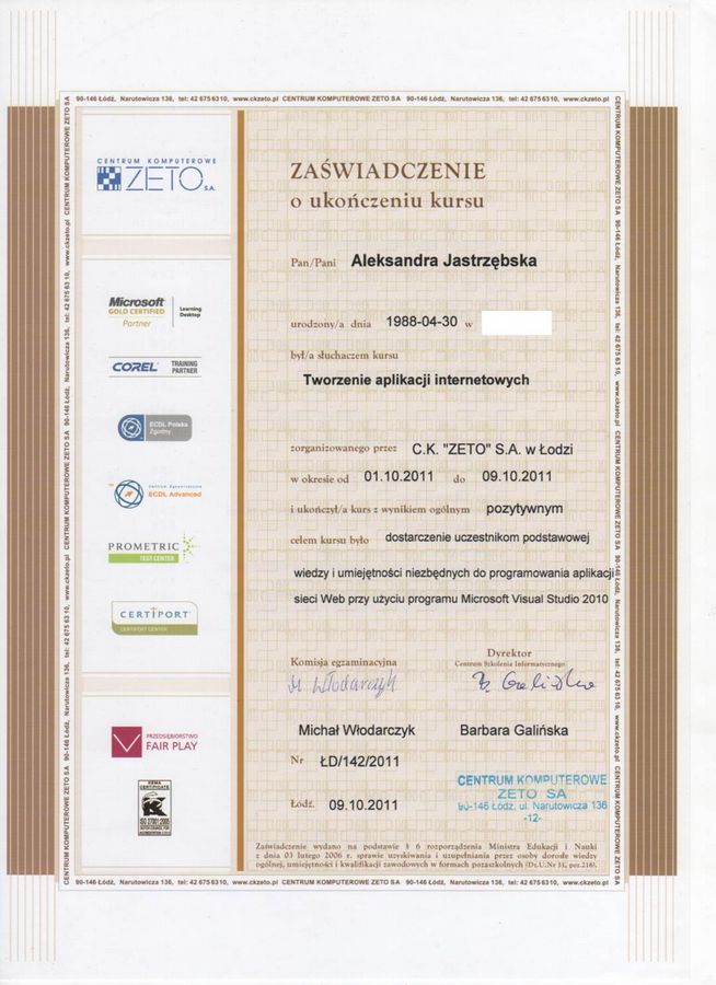 Zaświadczenie o ukończeniu szkolenia przez Aleksandrę Gościniak pt. Tworzenie aplikacji internetowych