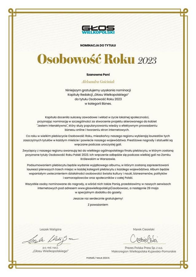 Dyplom nominacji Oli Gościniak do tytułu Osobowość Roku 2023