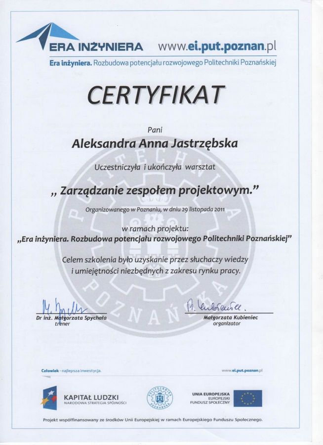 Certyfikat ukończenia szkolenia „Zarządzanie zespołem projektowym” przez Aleksandrę Gościniak
