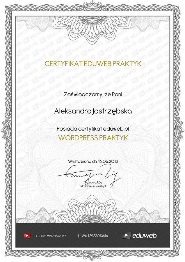 Certyfikat eduweb.pl „WordPress Praktyk” Oli Gościniak