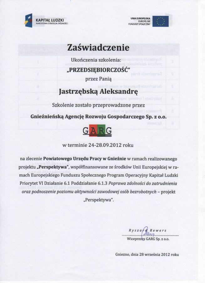 Zaświadczenie ukończenia szkolenia „Przedsiębiorczość” przez Aleksandrę Jastrzębską w 2012 roku