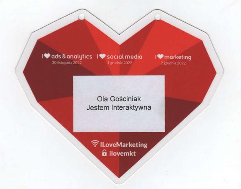 Identyfikator Oli Gościniak z konferencji I Love Marketing 2022