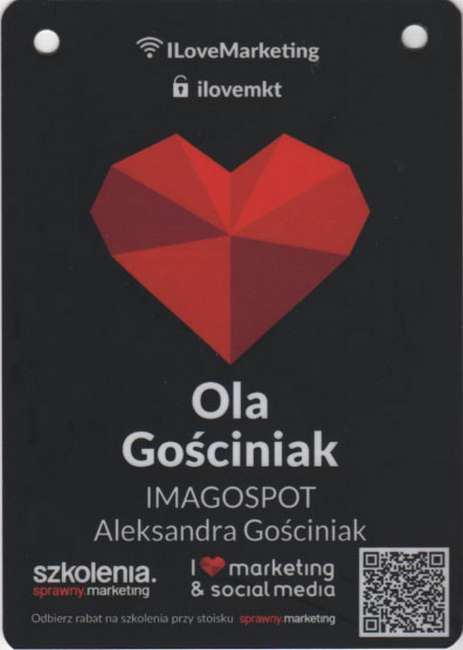 Identyfikator Oli Gościniak z I Love Marketing 2018, gdzie mówiła o budowaniu zaangażowanej społeczności w social mediach