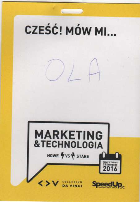 Identyfikator Oli Gościniak z wydarzenia Marketing & Technology w Collegium Da Vinci w 2016 roku
