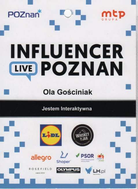 Identyfikator Oli Gościniak, prelegentki Influencers Live Poznań 2018