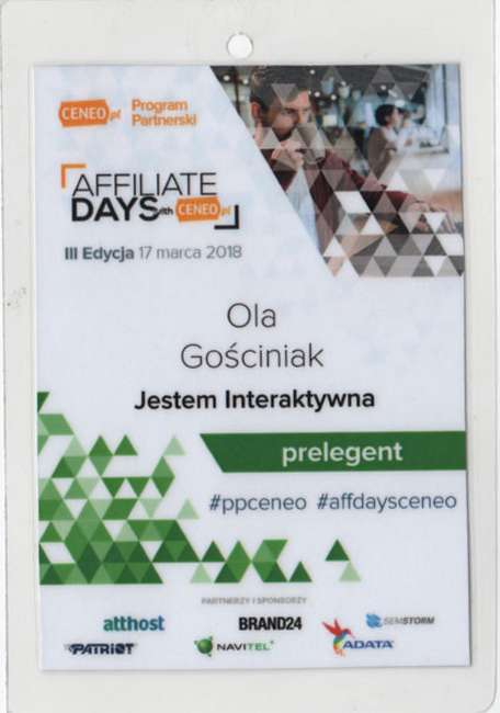 Identyfikator prelegentki Oli Gościniak z Affiliate Days Ceneo.pl 2018, gdzie mówiła o budowaniu społeczności i promocji w social mediach