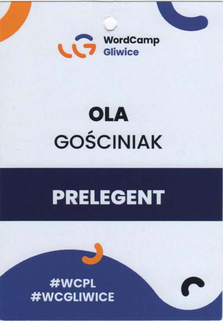 Identyfikator Oli Gościniak, prelegentki WordCamp Gliwice 2023 z wystąpieniem „Drabina produktów – jak rozplanować i wypromować swoje produkty cyfrowe!”