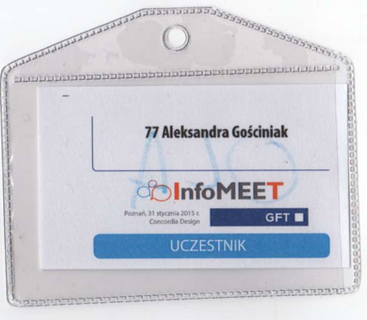 Identyfikator uczestniczki Aleksandry Gościniak z konferencji technologicznej InfoMEET