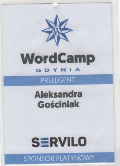 Identyfikator Aleksandry Gościniak, prelegentki WordCamp Gdynia 2016 z wystąpieniem „Zatrudnij mnie! – czyli jak szukać potencjalnych klientów?”