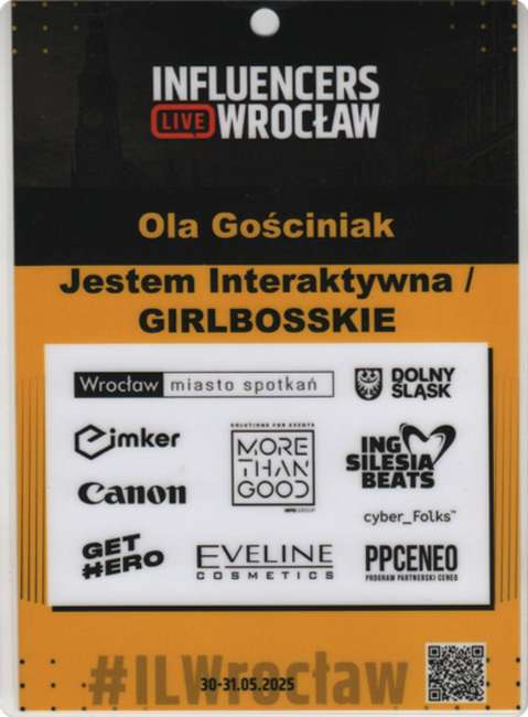 Identyfikator Oli Gościniak reprezentującej Jestem Interaktywna i GIRLBOSSKIE na Influencers Live Wrocław