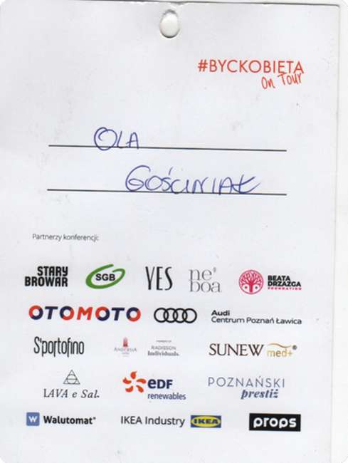 Identyfikator Oli Gościniak z wydarzenia dla kobiet „Być Kobietą on Tour”
