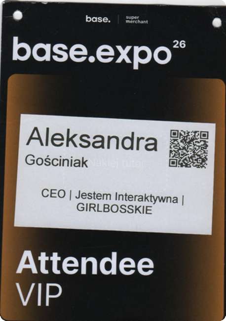 Identyfikator VIP Oli Gościniak z base.expo 2026, podczas którego udzieliła wywiadu
