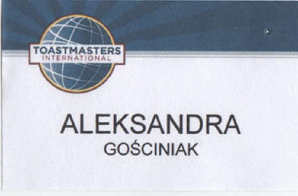 Identyfikator Aleksandry Gościniak z wydarzenia Toastmasters „POZNAŃmy się” w Collegium Da Vinci w 2018 roku