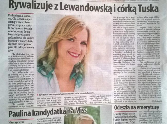 Artykuł prasowy przedstawiający sylwetkę Oli Gościniak w Kurierze Witkowskim i Przemianach Gnieźnieńskich