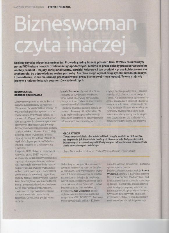 Artykuł prasowy „Bizneswoman czyta inaczej” z wypowiedziami ekspertek w magazynie Kolporter